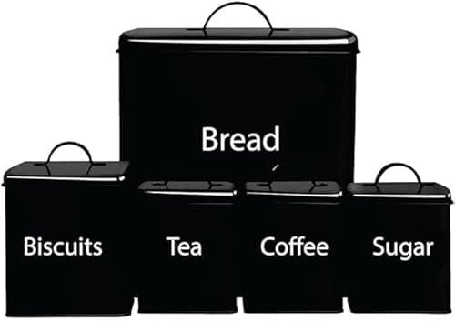 Image of Crystals Black Bread Bin - Black Tea Coffee Sugar Canisters Set – 5 Piece Kitchen Bread Box with Biscuit Tea Sugar and Coffee Containers set – Rectangular Shape Bread Storage jars & Canisters