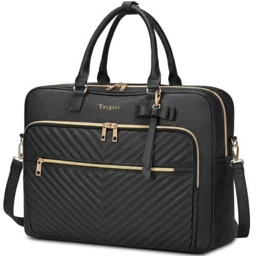 Image of Taygeer Leather Laptop Bag, 17 Inch Large Quilted Laptop Tote Bag, Convertible Briefcase for Women, Water Resistant Leather Handbag, With a Bow Charm, Fashion Handbag for School, Black
