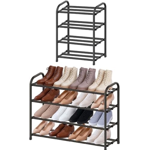Image of MIKVOYO 4 Tier Extendable Large Shoe Rack, Black Metal Narrow Adjustable Shoe Storage Cabinet for Wardrobe, Closet, Narrow Spaces, Hallway, Bedroom, Outdoor