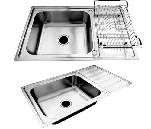 Image of RUMO Stainless Steel Kitchen Sink 1 One Single Large Deep Bowl Reversible with Drainer 860 x 500mm Inset Life Time Warranty Includes Wastes and Dish Rack
