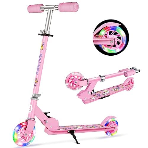 Image of BELEEV V1 Scooters for Kids, 2 Wheel Folding Kick Scooter for Girls Boys, 3 Adjustable Height, Light Up Wheels, Lightweight Scooter with Sturdy Frame, Kickstand for Children Ages 3-12 (Light Pink)