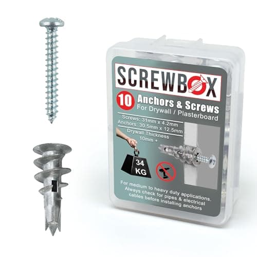 Image of SCREWBOX® Plasterboard Fixings – 10pcs Heavy Duty Drywall Anchors & Screws, Metal Self Drilling Wall Plugs for Strong Grip