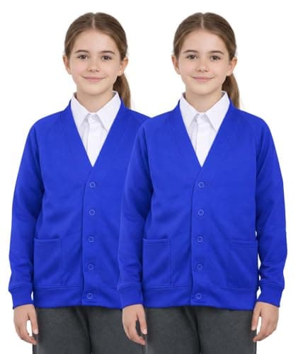 Image of Bahob® 2 Pack Girls School Cardigan Fleece Sweatshirt Uniform Schoolwear Long Sleeve TOP Pullover Jumper Round/V- Neck 2-14 Years (Royal Blue, 11-12 Years)