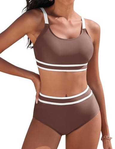 Image of Yuson Girl Women's Bikini Sets High Waisted Swimsuit Push Up Two Piece Swimsuit Scoop Neck Swimwear Tummy Control Bathing Suits Ladies Swimsuit Suits Padded Bikini for Women(Light Brown, M)