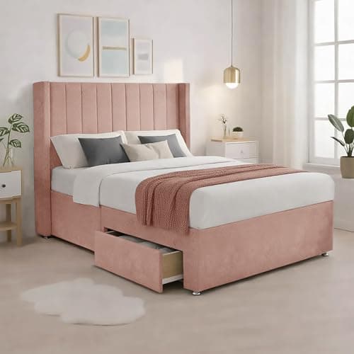 Image of 4FT Pink Plush Upholstered Small Double Bed Frame | Premium 54” Tall Wingback Headboard | Solid Support Base with 2 Storage Drawers (Foot-End Sides) | Luxury Bed For You