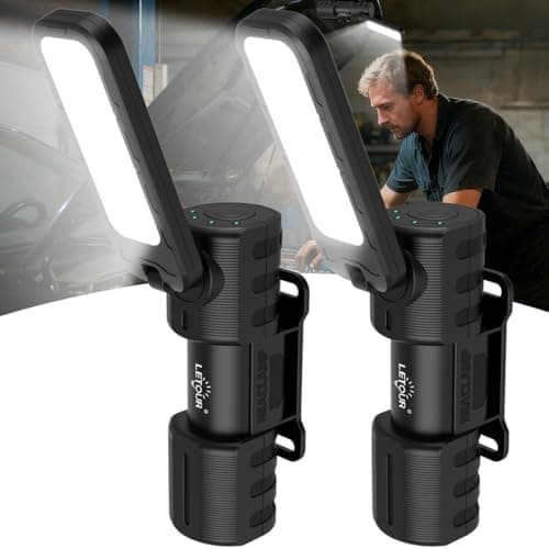 Image of Inspection Lamp 2000 Lumen 2 Pack Rechargeable LED Work Light with Magnetic and Foldable 180° Rotating Stand and Magnetic Torch for Maintenance Work Night Walking Camping Emergency