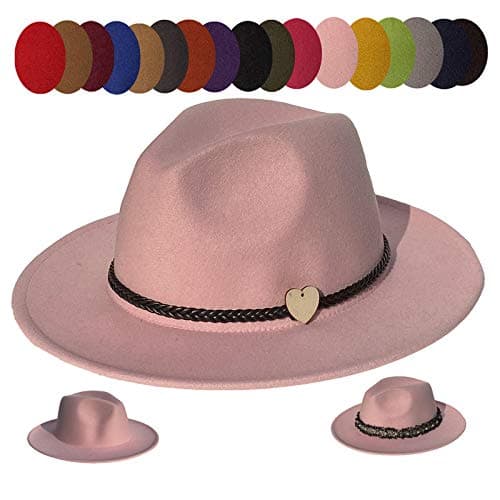 Image of JK Home Wide Brim Fedora Hat - Felt Panama Cap - 2pcs Adjustable Bands - Vintage Style Cosplay Pink
