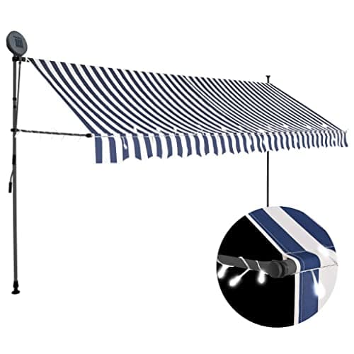 Image of vidaXL Manual Retractable Awning with LED Lighting - 400 cm - Weather-, UV-protected, and Dirt-repellent - Blue and White - Suitable for Terrace, Balcony, Window or Garden
