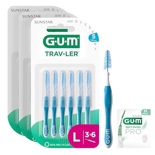 Image of GUM TRAV-LER | interdental Brushes | Bendable Handle | Thorough Cleaning Between Teeth and Plaque Removal | 1.6 mm, ISO 5 | Size L | 3x6 Bundle (with 1 Bonus Sample)