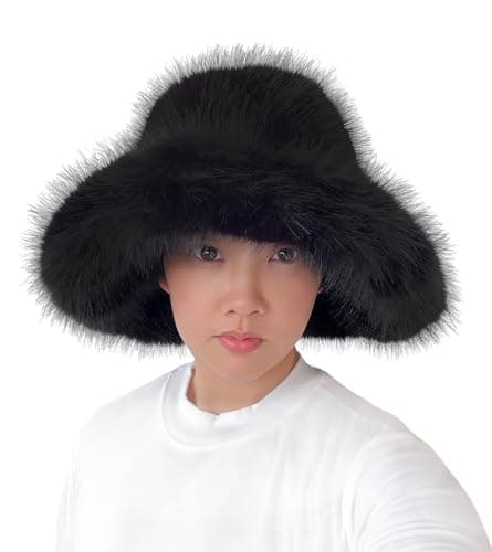 Image of Lina & Lily Oversized Winter Faux Fur Bucket Hat for Women - Long Pile Fur Wide Moldable Brim (Black)