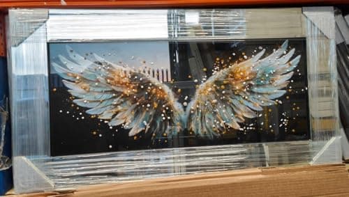 Image of Biznest Angel Wings Glass Picture Liquid Black And White Art Wall Hung Rectangular Shaped Mirrored Frame 3D Glitter Art Deco Style Multicoloured Landscape 85 X 45 Cm (WHITE GOLD WINGS)