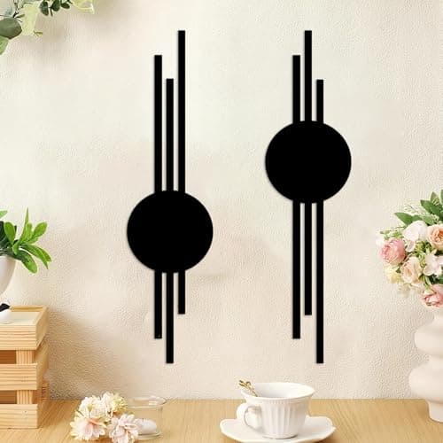 Image of DUOOLN 2Pcs Abstract Metal Wall Decor, Black Modern Geometric Hanging Paintings, Minimalist Line Art Sculpture, Living Room Bedroom Bathroom Office Farmhouse Decoration-15.7x3.85in