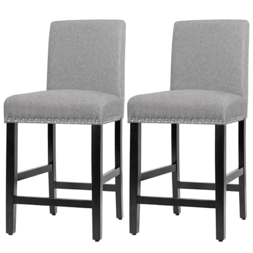 Image of GiantexUK Bar Stools Set of 2, Upholstered Linen Fabric Barstools with Backrest, Rubber Wood Legs, Footrests & Adjustable Foot Pads, Breakfast Bar Chairs for Kitchen Dining Living Room (Grey)