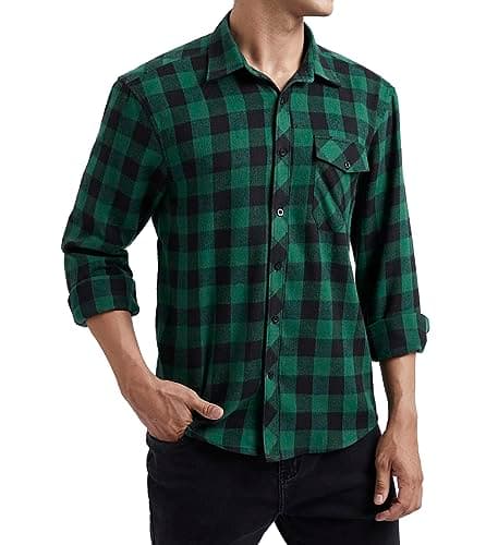 Image of HISDERN Mens Checked Flannel Shirts Long Sleeve Casual Plaid Shirt for Men Lumberjack Shirts Button Down Regular Fit Green L