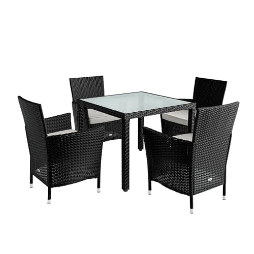 Image of CASARIA® Rattan Garden Furniture Set 5 Piece with Cream Outdoor Cushions, 4 Seater Glass Top Garden Table and Chairs, Rattan Dining Table Set with 4 Dining Chairs | Outdoor Furniture | Black