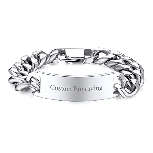 Image of FOCALOOK Personalised Men Bracelet Stainless Steel 15mm Wide Curb Chain Custom Name ID Indentity Bracelets Customised Boys Jewellery 8 Inch