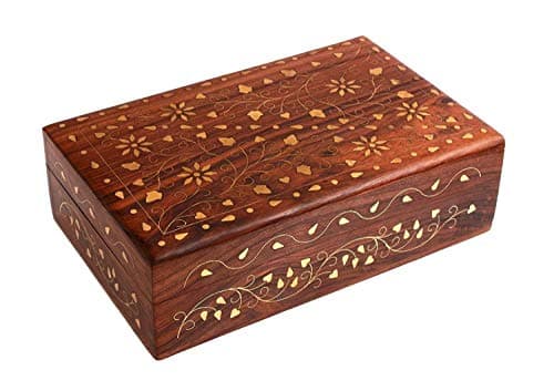 Image of Ajuny Hand Carved Wooden Decorative Jewelry Storage Box Floral Vintage Style Brass Inlay Multipurpose Keepsake Storage Organiser Travel Treasure Chest Trinket Holder Great Gifts 8x5 Inch