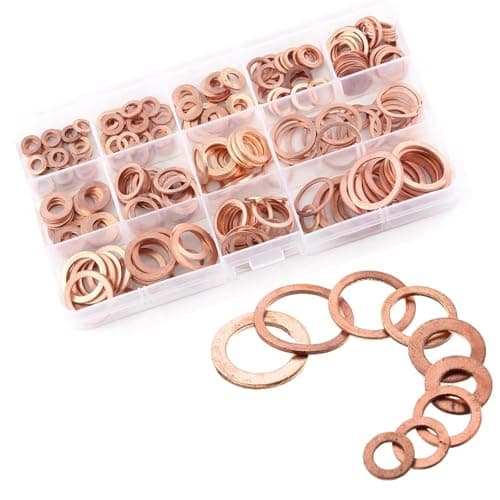 Image of 200-Piece Copper Washer Assortment Set with Storage Box, 9 Sizes Flat Sealing Rings for Automotive, Electronics, and Plumbing Applications