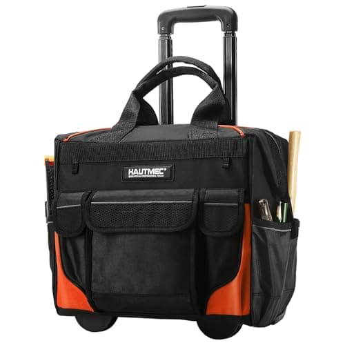 Image of HAUTMEC 14.5" Rolling Tool Bag on Wheels, Heavy-Duty Tool Bag with High-Density Oxford Fabric, Oversized Off-Road Wheels, Wide-Mouth Design, 25-Pocket, Double Zipper & Telescoping Handle - HT0353