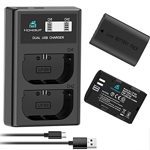Image of Homesuit LP-E6 LP-E6N Battery 2200mAh and Dual LCD USB Charger Set Compatible with Canon 5D Mark II/III/IV, 5Ds, 5Ds R, 6D, 6D Mark II, 7D, 7D Mark II, 70D, 80D, 90D, XC10, XC15 Cameras (2-Pack)