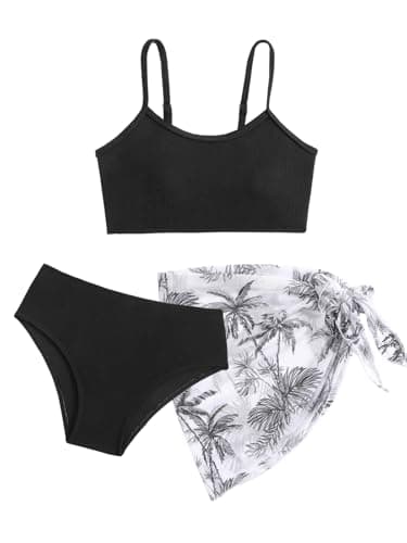 Image of Girls Bikini Set with Skirts Ribbed Swimsuit 3 Pieces Swimming Costume Swimwear for Teens Size 9 10 11 12 13 14 Years Black