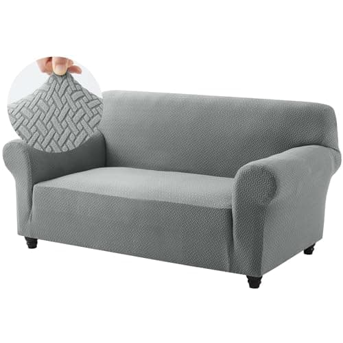 Image of Hafaa High Stretch Sofa Cover 2 Seater Spandex Elastic Fit Loveseat Grey Sofa Slipcovers T Shape - Super Soft Non Slip Couch Covers Washable Furniture Protector for Pets/Kids/Dogs