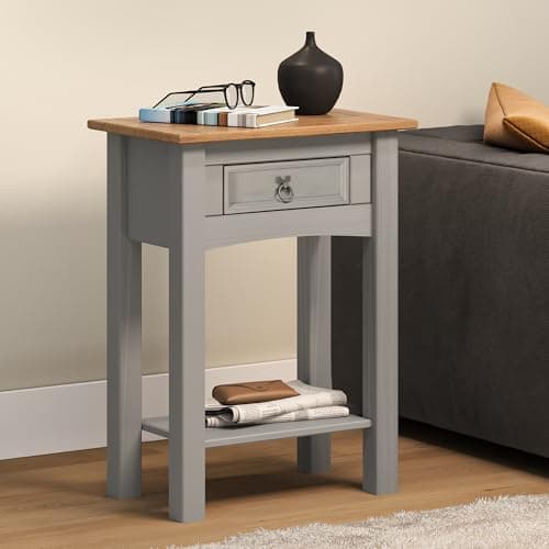 Image of Corona Grey Painted Wax 1 Drawer Console Table Solid Wood Pine Wooden Hall Lamp End Side Stand Bedside Slim Narrow Mexican Hallway Lounge Living Room Kitchen Bedroom 73cm High 52cm Wide 32cm Deep