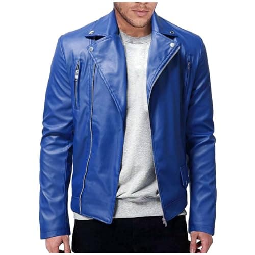 Image of Mens Motorcyle Faux Leather Jacket Slim Fit Zip-Up Lapel Bomber Jackets Stand Collar Windbreaker Lightweight PU Biker Coat Vintage Casual Trucker Jackets Streetwear Asymmetric Outerwear Walking S-5XL