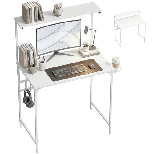 Image of HOMCOM Computer Desk, 80cm Home Office Study Table with Adjustable Tabletop Shelf, Cup Holder, Headphone Hook, Metal Frame, Space Saving Writing Desk, White