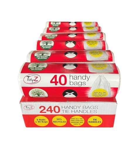 Image of 240 TidyZ Handy Bags, Pedal Bin Liners. Minimum 30% Recycled Plastic. Suitable for Office & Bathroom Waste Bins. Tie Handles. 15L. 6 Rolls of 40 Bags. Does All The Jobs Your Old Carrier Bag Used To