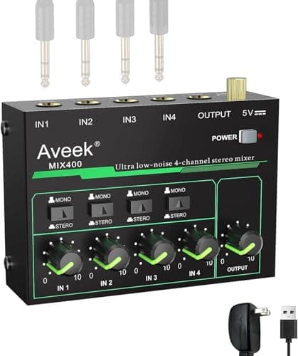 Image of Aveek 4 Channel Mixer - Mini 4 Stereo Audio Mixer, Low-Noise for Precision Sub-Mixing,1/4" TRS Input/Output Ideal for Mics/Guitars/Bass/Stage