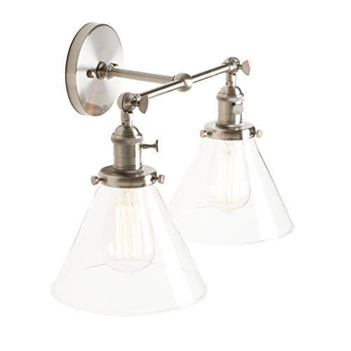 Image of PathsOn Stylish Vintage Industrial Edison Double Wall Lights Loft Bar Bedroom Wall Sconce Lamp Light Fixtures with Cone Clear Glass Shade (Brushed)