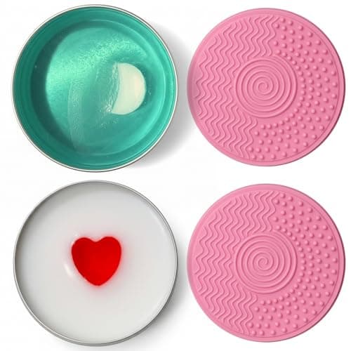 Image of Makeup Brush Soap & Cleaner - 2 pcs Heart & Moon Shape Soap Bars for Cleaning Brushes and Sponges, Includes 2 Silicone Cleaning Pads for Effective Makeup Tool Care (210g Total)