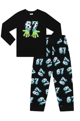 Image of ThePyjamaFactory Boys Six Seven Black Green Football Long Pyjamas 67 PJ's for Kids (5-6 Years)