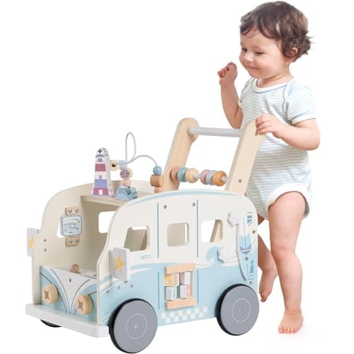 Image of ROBOTIME Wooden Baby Walker, Baby Push Along Toys with Wheels, Multifunctional Play Equipment with Height Adjustment & Speed Control, Kids Activity Walkers, Gift for Toddler Age 10-36 Months