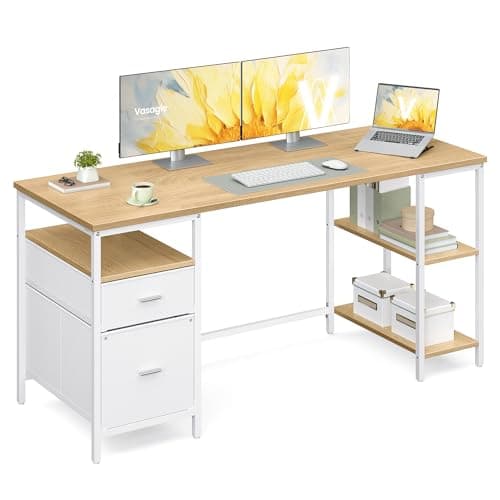 Image of VASAGLE Computer Desk, Work Desk with Storage, 3 Shelves, 2 Drawers, 160 x 60 x 76 cm, for Home Office, Living Room, Industrial Style, Natural Oak and Cloud White LWD105YD01