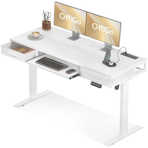 Image of OffiGo Height Adjustable Desk with Double Drawers, 120 cm Standing Desk with Keyboard Tray, Electric Computer Table with Power Socket, Sit Stand Desk for Home Office, White