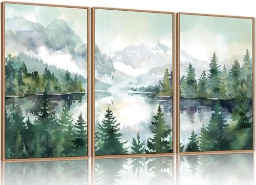 Image of TOARTi Watercolor Mountain Framed Canvas Wall Art Set,Boho Forest Wall Decor,Nature Green Pines Wall Painting,Forest Wilderness Artwork for Living Room,Bedroom,Dining Room,Office - 16x24inchx3