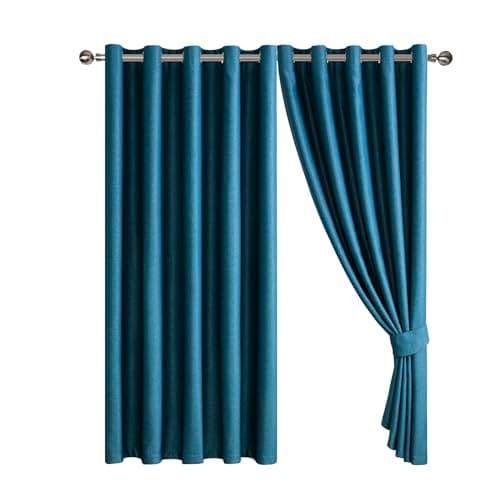 Image of Blackout Curtains Embossed Leaf Jacquard - Polyester Room Darkening Eyelet Grommet Panels, Thermal Insulated Solid Foliage Pattern with Tiebacks Included (Teal, 46" x 54" (116 x 137 cm))