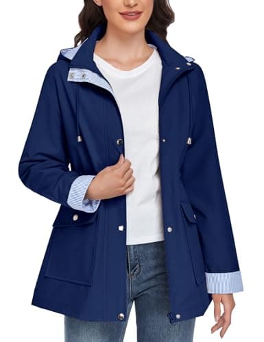 Image of CMTOP Waterproof Jacket for Women Lightweight Hooded Jackets Casual Softshell Jacket with Striped Lining Functional Outdoor Windbreaker Breathable Rain Coat with Pockets(Navy Blue, S)