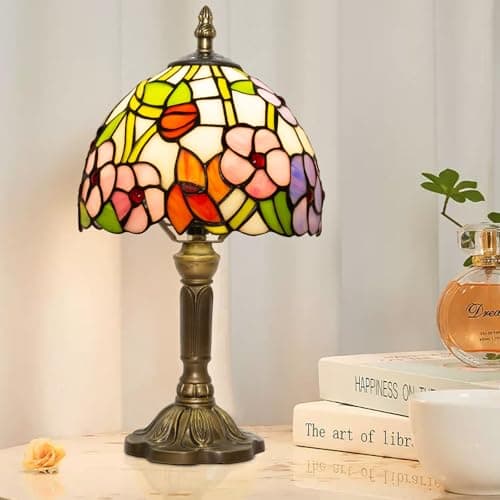 Image of Ppbmocw Small Tiffany Lamp, 8 Inch Tiffany Style Lights Table Lamps for Living Room, Bedside, Reading, Vintage Mini Stained Glass Lamp Included 3 Color Temperatures E27 Bulb(Four Leaf Flower)