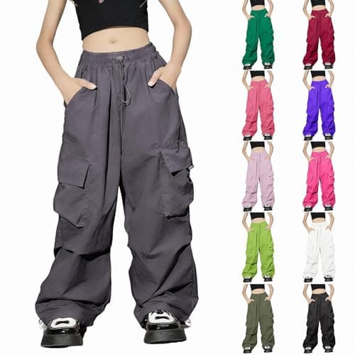 Image of Teen Girls Parachute Cargo Trousers Waterproof Y2K Wide Leg Baggy Joggers Kids Elastic High Waist Casual Loose Sweatpants Streetwear Hip Hop Dance Pockets Trouser (Hot Pink, 170/4XL)