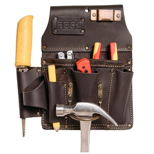 Image of FESA Leather Drywall Tool Pouch - 10-in-1 Men's Heavy Top Grain Leather Tool Pouch with Steel Hammer Loop & Tape Measure Clip - Fits Work Belts up to 3" - Handcrafted (Brown)