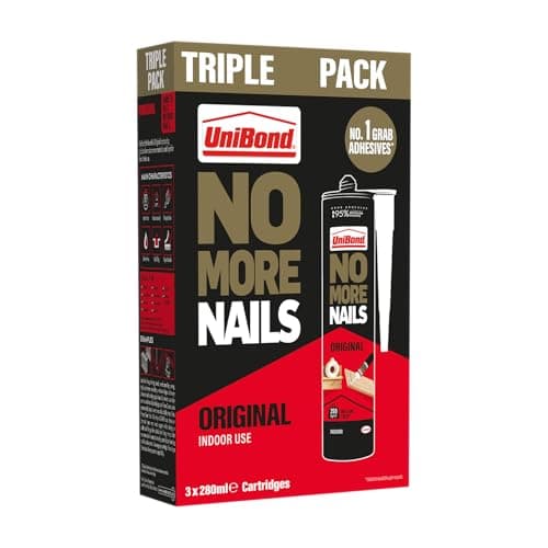 Image of UniBond No More Nails Original, Heavy-Duty Mounting Adhesive, No Nails Strong Glue for Wood, Ceramic, Metal etc., White Instant Grab Adhesive, Pack of 3 (3 x 365g Cartridges)