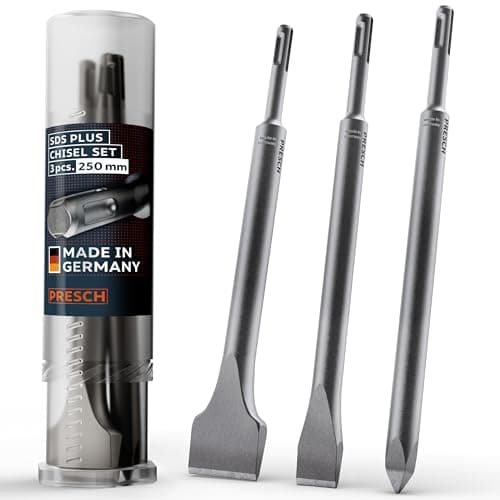 Image of Presch SDS-Plus Chisel Set - 3-piece (Flat Chisel, Wide & Point) - Extremely Robust, Durable Tips - Rotary Hammer chisels (250mm Length) for Powerful Strikes
