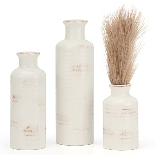 Image of Belle Vous 3 Pack White Ceramic Vase Set - Modern Farmhouse Decorative Vases, 3 Sizes - Rustic Home Decor Ideal for Pampas Grass & Flowers - Bookshelf, Mantle, Table, Entryway & Living Room Decor