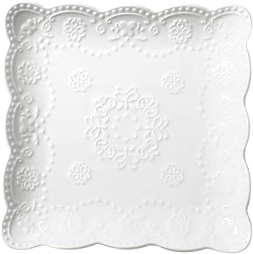 Image of YBK Tech Elegant Square Embossed Lace Plate, Ceramic Serving Plate for Breakfast Afternoon Tea (White, 8-inch)