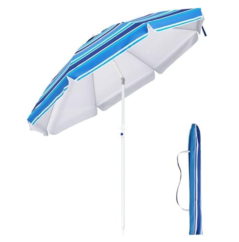 Image of Palawano 1.8m Beach Umbrella with Sand Anchor, UPF50+ UV Protection Garden Parasol, Portable Tilt Sun Umbrella for Beach, Garden, Patio & Camping, Blue Stripe