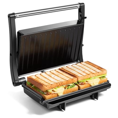 Image of VonShef Panini Press Grill – Sandwich Toaster 2 Slice with Non-Stick Plates, 1000W, Deep Fill Toastie Maker with Floating Hinge, Auto Temperature Control, Easy Clean, Stainless Steel – Black
