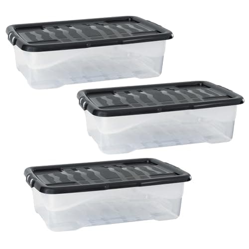 Image of TENLITE 𝐏𝐚𝐜𝐤 𝐎𝐟 𝟑 - 30L Litre Curve Clear Plastic Storage Box with Black Lid | Organiser Box Stackable Nestable Container | Perfect For Home & Office (30 Litre)